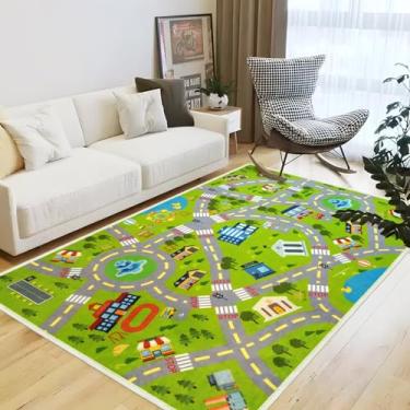 Imagem de Xuzrdaa Tapete de carro infantil de 1,2 x 1,8 m para sala de jogos, tapete educacional de rodovia de trânsito da cidade, tapete divertido, decoração de quarto infantil, tapete de estrada para idades
