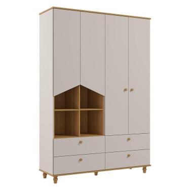Imagem de Guarda Roupa Infantil Casinha 4 Portas E 4 Gavetas Off White-nature - Permóbili Baby Off White-nature