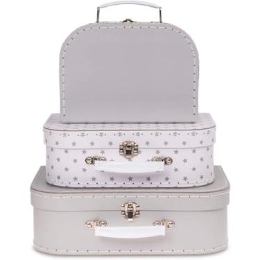 Imagem de Jewelkeeper Malas de papelão, conjunto de 3 caixas de armazenamento decorativas vintage, armazenamento de decoração de bagagem, decoração vintage para aniversário, casamentos, design de estrelas cinza