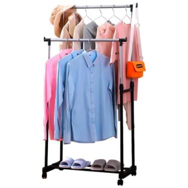 Imagem de Arara Dupla com Sapateira e Rodinhas – Altura Regulável, Cabideiro de Roupas para Quarto, Loja ou Lavanderia - NEXUS MARKET