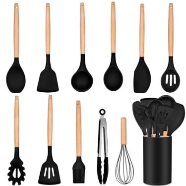 Imagem de 12 peças de utensílios de cozinha de cozinha, cabeça de utensílio de silicone P&P CHEF com cabo de madeira, virador, concha, colher, espátula, pegador, escova e suporte, resistente ao calor e sem arranhões, não tóxico e sem cheiro, (preto)