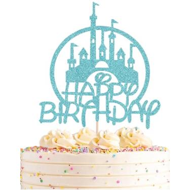 Imagem de Castle Birthday Cake Topper - Sky Blue Glitter Castle Theme Birthday Party Cake Decoration Supply - Princess Prince Happy Bday Cake Topper Photo Prop