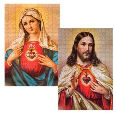 Imagem de Kit 2 Quebra-Cabeça Religiosos Sagrado Coração Jesus E Maria - Coleção