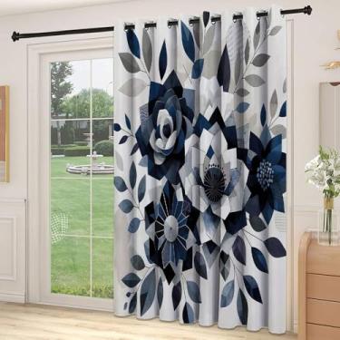 Imagem de Divisória de parede de cortina de divisória azul marinho, flores modernas abstratas em formato geométrico, tons monocromáticos, cortinas largas isoladas/cortinas de quarto (painel único), L 213 cm x C