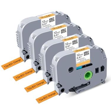 Imagem de BOYEEZON Pacote com 4 refis de etiquetadora Brother P Touch TZe-B31, fita TZ 12 mm 0,47 fita laminada para Brother PTD210 PTD220 PTD400 PTD400AD PTD600, preto em laranja fluorescente