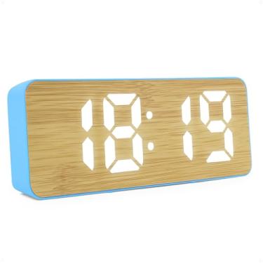 Imagem de Relógio Despertador Digital de Mesa com Display LED 12/24h – Alarme, Calendário e Design Moderno em Bambu para Quarto, Escritório ou Setup (azul)