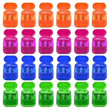 Imagem de Apontador de lápis AUSTARK manual, apontador de lápis pequeno de furos duplos com tampa para escritório escolar casa, Rose Red, Green, Orange, Blue, Geometry