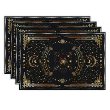 Imagem de Conjunto de 6 jogos americanos solares, lua, astrologia, místico, sol, lua, estrelas, tarô, decorativo, tapete de mesa resistente ao calor, para jantar, cozinha, festa, decoração de férias, 30 x 45 cm