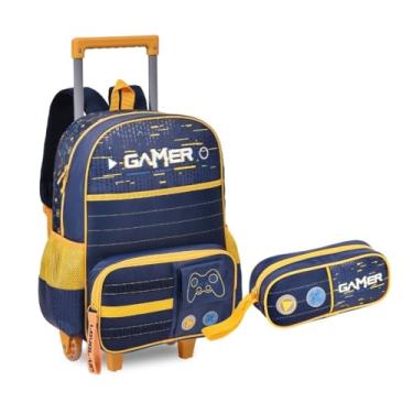 Imagem de Kit Mochila de Rodinha e Estojo Infantil Escolar Gamer Azul