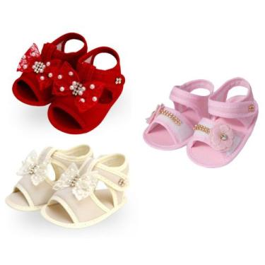 Imagem de Sapatinho Bebê Kit 3 Pares Sandália Menina Laço Renda KIT179 - Nina Ba