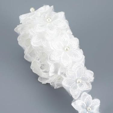 Imagem de MBAIYO Aplique bordado de contas de pérolas 3D de 3 metros, fita de acabamento de renda floral de organza com aplique floral, tecido de renda bordado para vestido de casamento, enfeite faça você mesmo