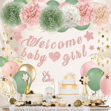 Imagem de Vicduotex Decorações De Chá Bebê Rosa-Poeira E Verde-Sálvia Com Pompons Papel Verde-Sálvia, Balões Faixa Para Revelação Do Sexo Bebê, Neutras