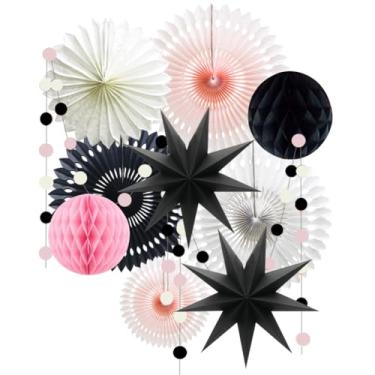 Imagem de Decorações de festa para meninas, mulheres, Minnie Mouse, decoração de primeiro aniversário, casamento, noiva, chá de bebê, papel para pendurar, leques de tecido, círculo, guirlanda, papel, Pink-Black-White, 1