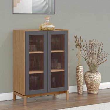 Imagem de Cristaleira Madeira Maciça 2 Portas Vidro Canelado Ondulado