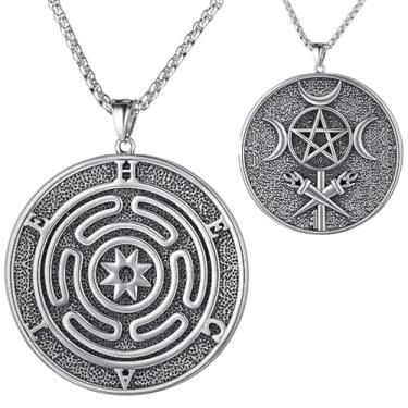 Imagem de YWMAN Colar Hecate para mulheres, homens, deusa da lua tripla e pingente de roda Hekate, joia mística de aço inoxidável para bruxaria, presentes wiccanos, proteção espiritual e magia