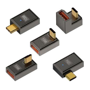 Imagem de Strhowill Pacote com 5 adaptadores USB-C para USB-A, 10Gbps 120W com LED, compatível com laptop, tablet, smartphone (reto + tipo U + curva positiva + ângulo de 90 graus + dobra lateral USB-C para
