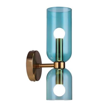 Imagem de XIRYTU-H Iluminação de arandela de parede moderna com 2 lâmpadas com persianas de vidro, lâmpada de parede E14 para quarto, penteadeira de banheiro, sala de estar, corredor (azul)