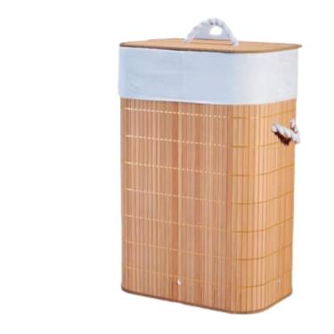 Imagem de Cesto de Roupa Suja em Bambu, Cesta de Lavanderia com Tampa, Branco e Natural, 72L
