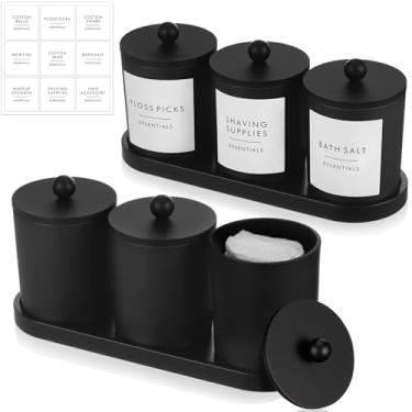 Imagem de CHENGU Pacote com 6 suportes de cotonete de algodão com tampas de bambu, bandejas e etiquetas, dispensador redondo de cotonete, suporte de bola de algodão, frascos de boticário, recipientes de palheta