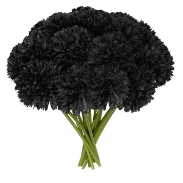 Imagem de Miayon 16 peças de flores artificiais de crisântemo e calêndula a granel para o Dia dos Mortos, Dia dos Mortos, Dia das Bruxas, Dia de Ação de Graças, mesa para decoração interna e externa (preto)
