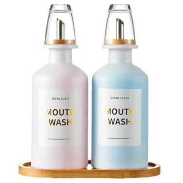 Imagem de Dispensador de enxaguante bucal de vidro para banheiro, suporte de enxaguante bucal de 335 g com bicos de aço Stianless, decantador de enxaguante bucal com suporte de bambu, copos recarregáveis, funil