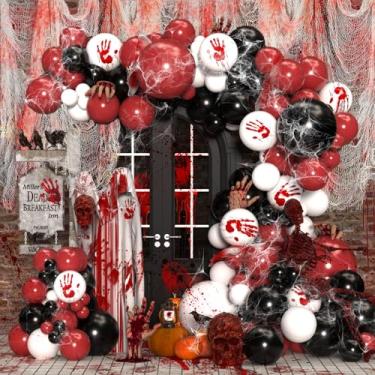 Imagem de Halloween Balloons Garland Arch Kit 132Pcs Red Black White Balloons with Bloody Hand Prints,Creepy Cloth,Spider web for Halloween Scream Gothic Party Indoor Outdoor Backdrop Decoration Supplies