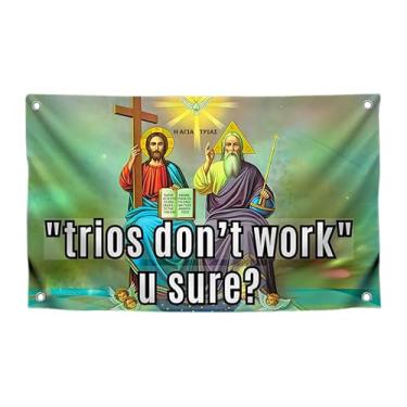 Imagem de Bandeira cristã de 9,5 x 1,5 m com citação "Trios Don't Work U Sure?" com 4 ilhós de latão - Bandeira de parede de um lado para decoração de quarto e decoração de casa - Faixa de poliéster Jesus para