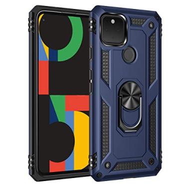 Imagem de SORAKA Capa para Google Pixel 5 com suporte de anel, capa protetora para Google Pixel 5, capa traseira de policarbonato rígido com placa de metal para suporte magnético de telefone e carro, azul