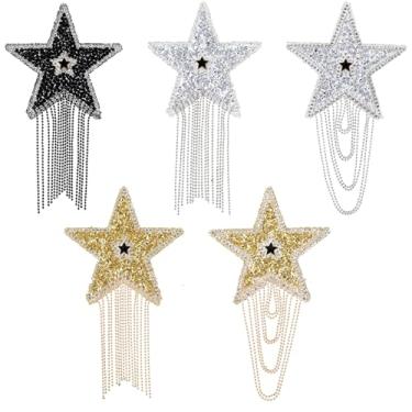Imagem de YBEATY 5 peças de strass estrela borla remendo remendo de ferro com correntes costuradas em glitter apliques de strass em forma de estrela acessório DIY para roupas, enfeites, roupas, calças, chapéus