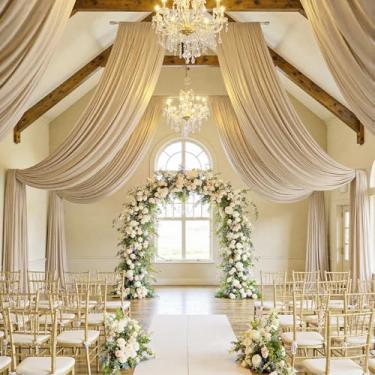 Imagem de Cortina de teto bege de 3,5 m × 20 pés para festas de casamento, tecido drapeado de poliéster sem rugas, cortina bege para festa, barraca, hotel, banquete, salão, decoração de teto, 2 painéis, 5 × 20