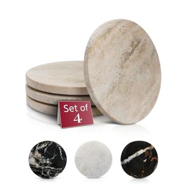 Imagem de Gusto Nostro Porta-copos de travertino - Conjunto de 4 porta-copos de pedra absorvente - Porta-copos estéticos de pedra natural para bebidas - Porta-copos de travertino artesanal redondo