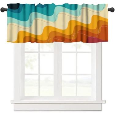 Imagem de DDCBNS Saia abstrata para janelas, azul-petróleo laranja moderno geométrico, bolso para varão, pequenos tratamentos, cortina curta ondulada colorida para sala de estar, quarto, cozinha, banheiro, 137