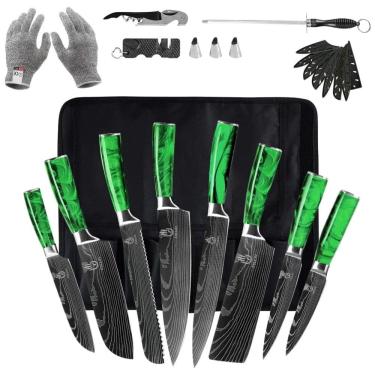 Imagem de Conjunto de Facas em Aço Inoxidável com Bloco de Bancada, 14 Peças, FULLHI, Verde