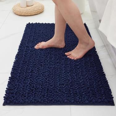 Imagem de ILANGO Tapetes de banheiro azul marinho 91 x 61 cm, tapetes de banho de chenille absorventes extramacios, tapete de banho grosso, antiderrapante, felpudo, lavável na máquina, tapetes de banho de