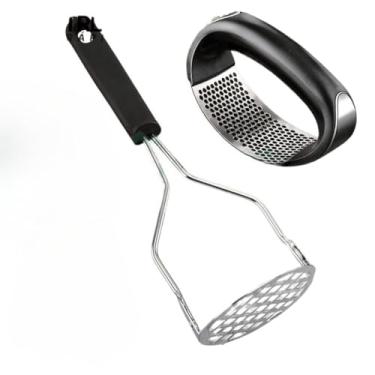 Imagem de Kit 2 Utensílios para Cozinha Inox: Triturador de Alho e Amassador de Batata Espremedor Resistente