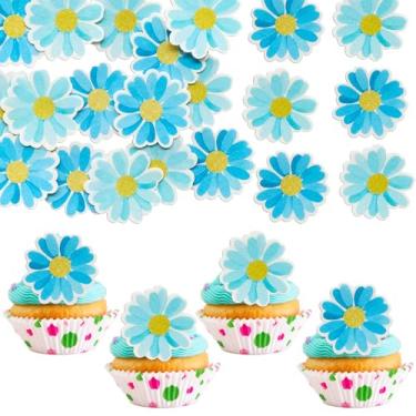 Imagem de Ephlyn 48Pcs Edible Daisy Cupcake Toppers Wafer Paper Flower Cake Topper Decorations Flower Chrysanthemum Party Decorations for Birthday Wedding Birthday Party Supplies Blue