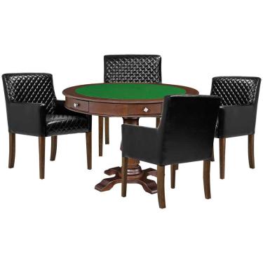 Imagem de Mesa de Jogos Carteado Victoria Tampo Reversível Imbuia Kit 4 Cadeiras Liverpool PU Preto Matelassê