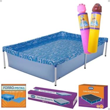 Imagem de Piscina 1500 Litros Quadrada com Capa e Forro + Lan?a Agua Brinquedo Infantil Kit (Amarelo Rosa)
