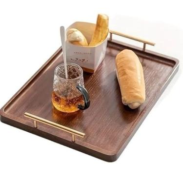 Imagem de Bandeija Decorativas, Bandeja de Madeira com Alça de Metal para Premium Servir Café Chá Decoração Mesa Sala(MODELO M)