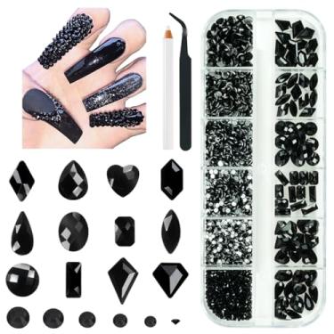 Imagem de 2052 peças de strass de arte de unhas de vidro preto puro 72 multi formas de cristal flatback pedras + 1980 contas redondas pretas sólidas pedras diamantes joias pingentes para unhas arcílicas