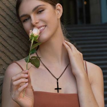 Imagem de Colar de cruz preta para homens e mulheres 3,5 mm corrente de aço inoxidável com pingente de crucifixo joia 55 cm, 24inches, Aço inoxidável, Sem Pedra Preciosa