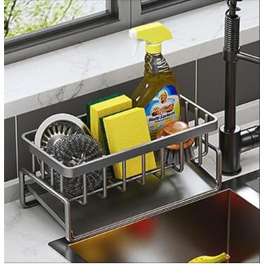 Imagem de Suporte de esponja para organizador de pia de cozinha, rack de armazenamento de sabão com bandeja de drenagem automática, dispensador de bancada de aço inoxidável, acessórios de balcão de banheiro