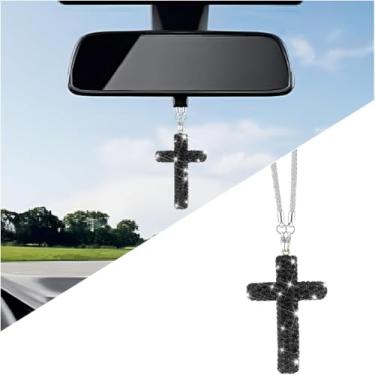 Imagem de Enfeite de pendurar no carro, pingente de espelho retrovisor de veículo com strass de cristal cruzado, pingente de decoração de espelho retrovisor religioso de diamante, acessórios interiores