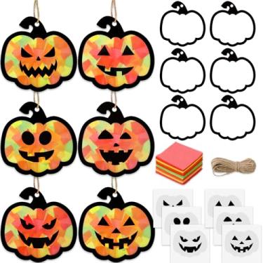 Imagem de JarThenaAMCS 24 conjuntos de kits de artesanato de papel de seda de Halloween, conjunto de artesanato de abóbora com adesivo de recorte de papel, corda de cânhamo para festas de fim de ano, atividades