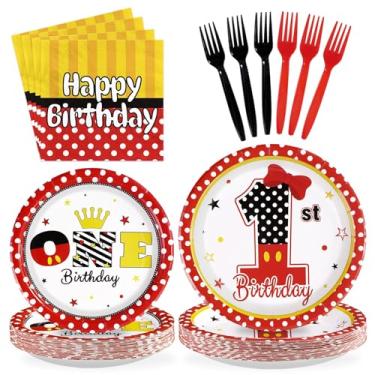 Imagem de 96 peças de mouse de desenho animado, decorações de 1º aniversário, pratos e guardanapos de primeiro aniversário, laço vermelho, coroa dourada, lembrancinhas de decoração para crianças, meninas