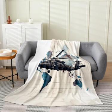 Imagem de Cobertor de flanela infantil de helicóptero, cobertor de lã retrô com listras geométricas de graffiti tie-dye para meninos e meninas, cobertor de lã retrô, cobertor felpudo azul bege (152 x 203 cm)