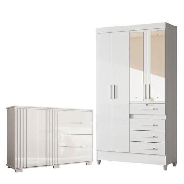 Imagem de Guarda Roupa Infantil Sobral Com Espelho E Cômoda Texas Branco Brilho - Moval