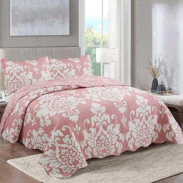 Imagem de Kit Cobre Leito Colcha Daily Queen 3 Peças Dupla Face Estampado Floral Rubi Floral 100% Poliéster