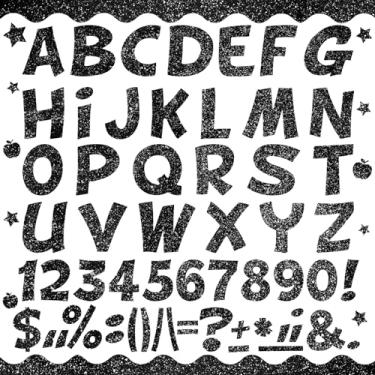 Imagem de Conjunto de 269 peças com glitter, quadro de avisos, letras, maçãs, estrelas, inclui quadro de avisos de 2,8 m, 60 acabamentos de quadro de avisos, letras do alfabeto, números, pontuação para sala de