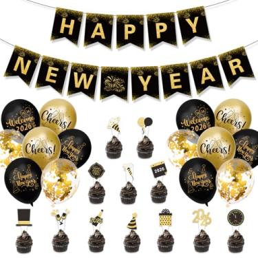 Imagem de Decoração de festa de feliz ano novo de 2026, decoração preta e dourada, festa de gala de Ano Novo e ornamentos pendurados (conjunto de decoração)